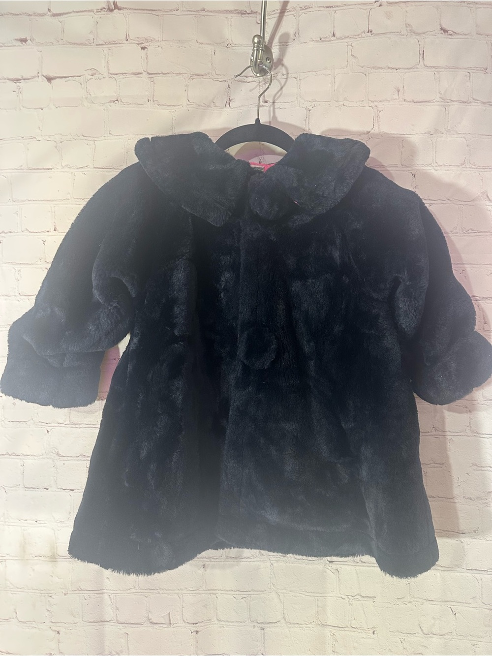 Vintage Supermini Black Faux Fur Swing Coat Girls Size 5 Y2K